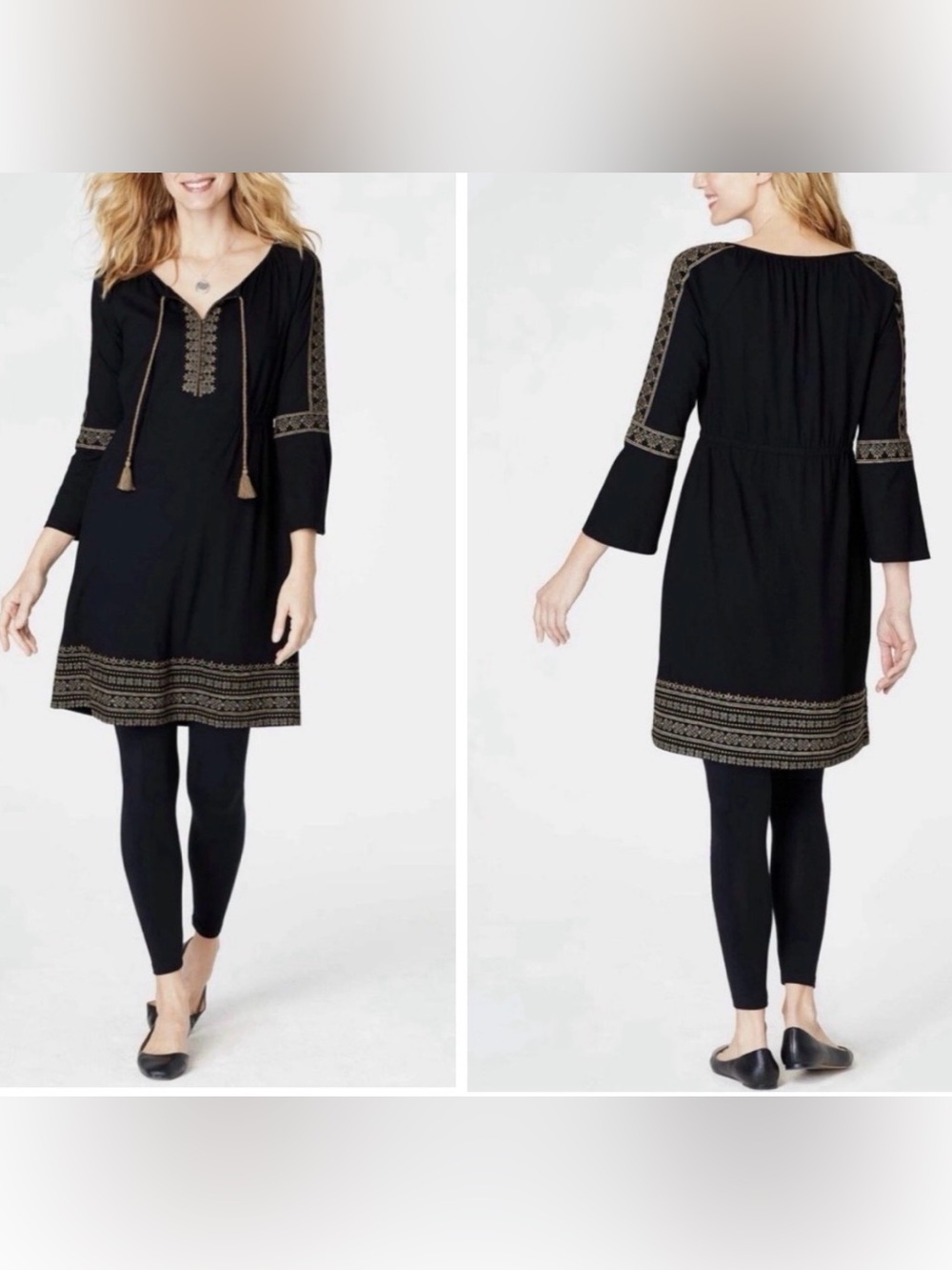 J. Jill Black Gold Embroidered Tassel Bohemian 3/4 Sleeve Peasant Dress Medium